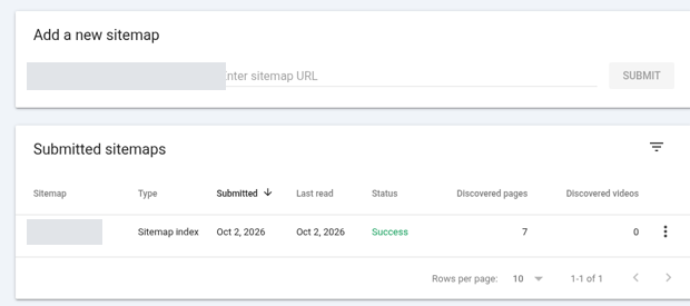 Search Console Sitemaps report showing Success and 7 discovered pages, with the sitemap URL blurred.