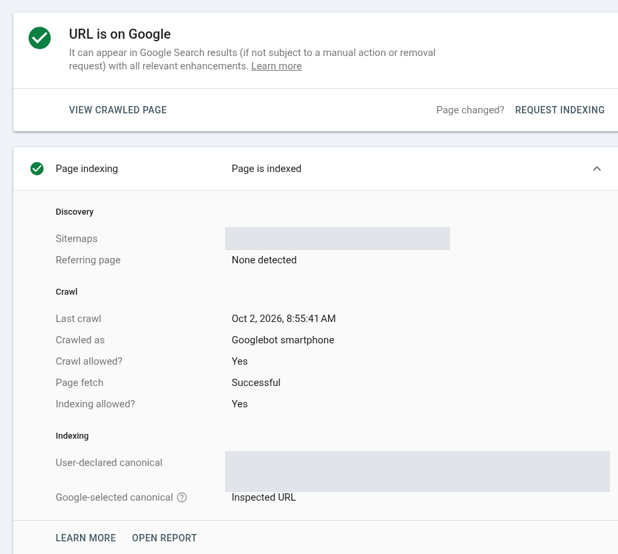 Search Console URL Inspection result showing URL is on Google and Page is indexed, with the URL blurred.